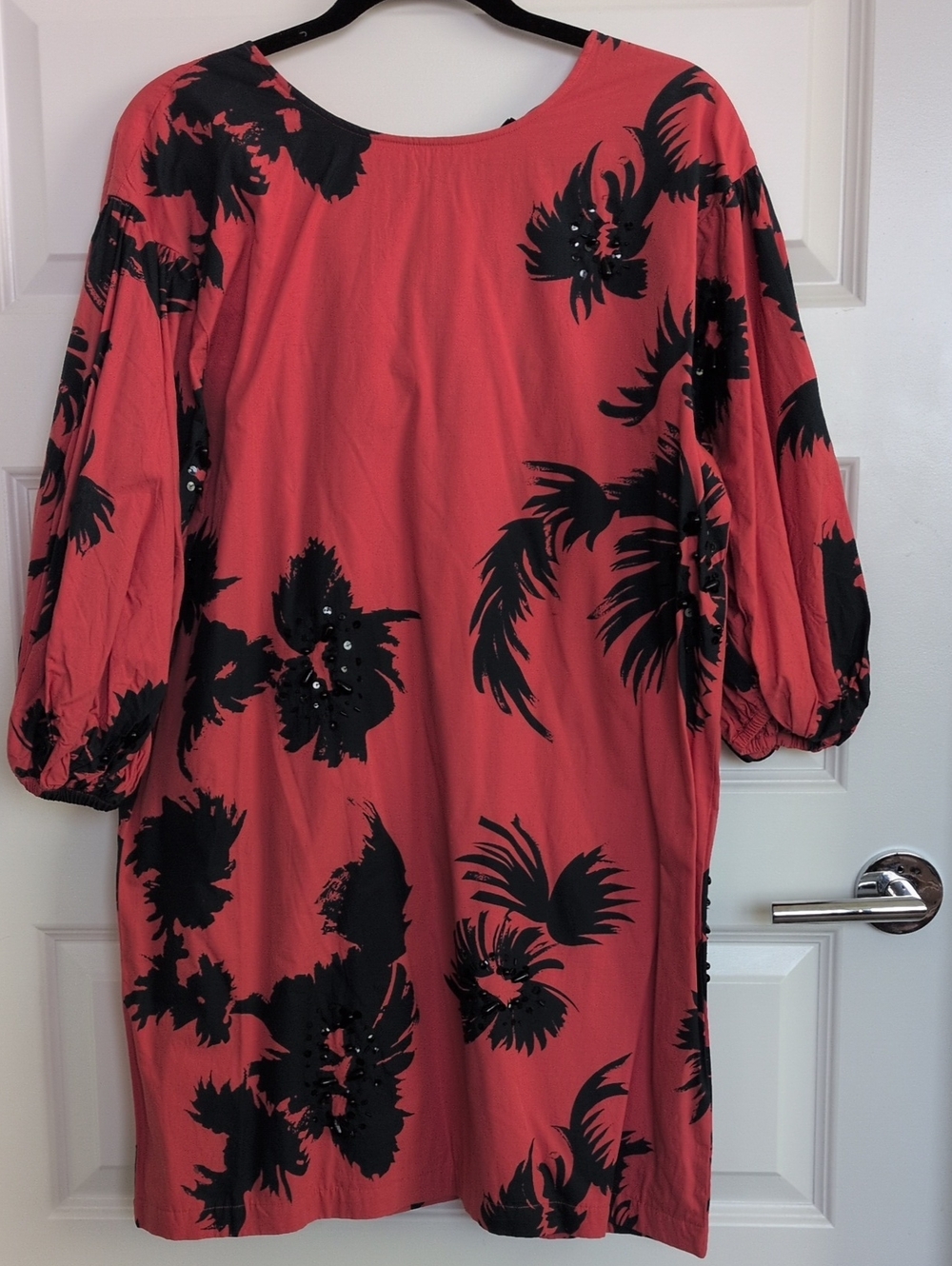 Anthropologie Coral and Black Floral Puff-Sleeve Shift Dress